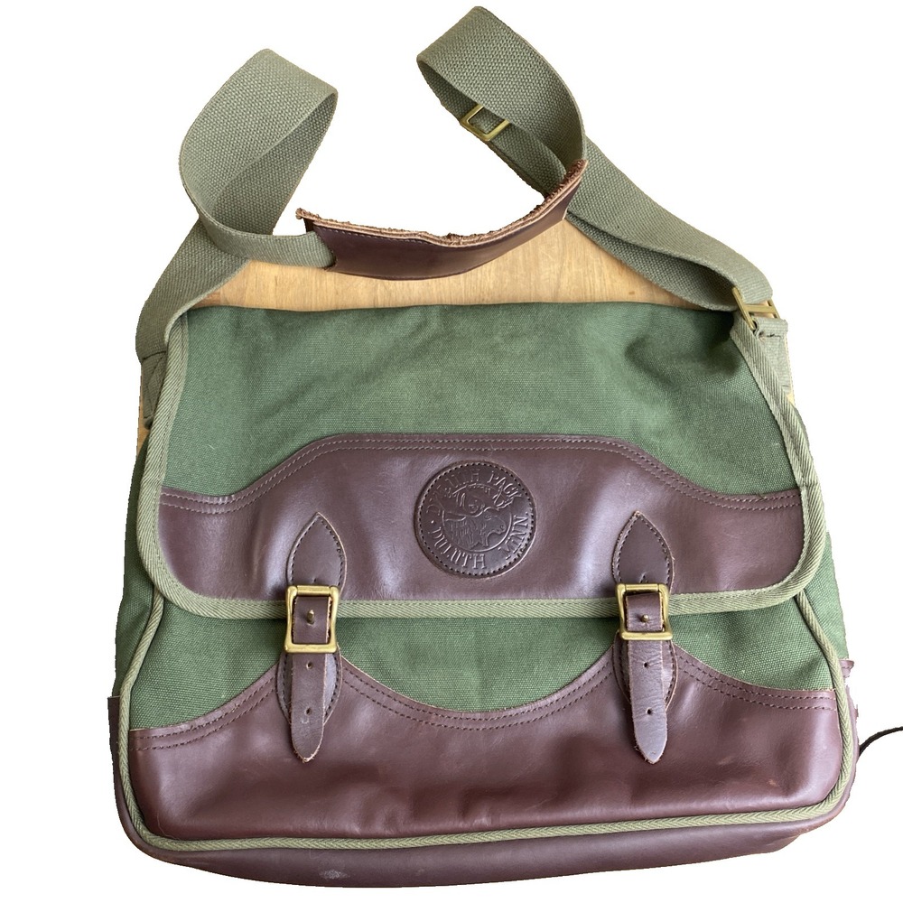 Duluth Pack  Olive Green Canvas Brown Leather Trim  17"Messenger Bag USA READ